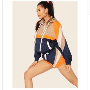 Colorblock Hooded Zip Windbreaker And Shorts Set
